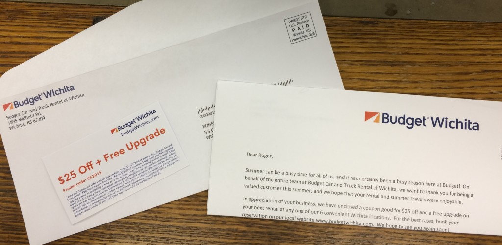 Personalized letter, coupon card, and envelope for Budget Wichita.